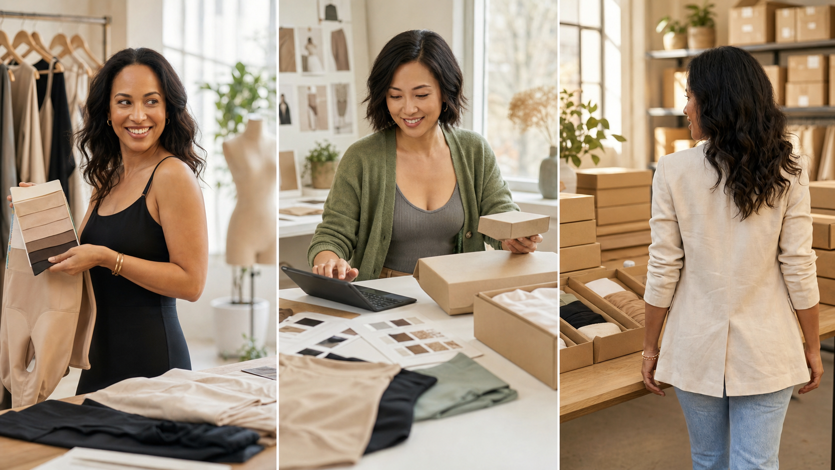 Shapewear sourcing team reviewing fabric samples, packaging, and fulfillment
